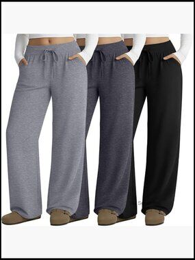 Plus Size Wide Leg Lounge Pants with Pockets, 3 Pack, Drawstring Baggy Joggers